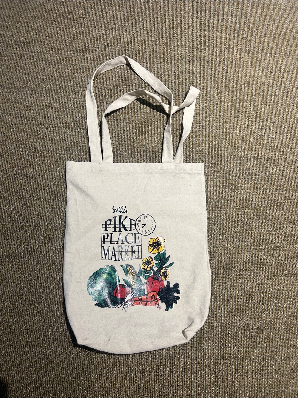 Pike Place Market Canvas Tote Bag - White with Floral & Veggie Print